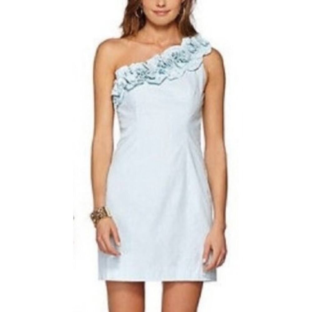 NWT Lilly Pulitzer Vivienne Shorely Blue Seersucker One-Shoulder Dress Sz 4